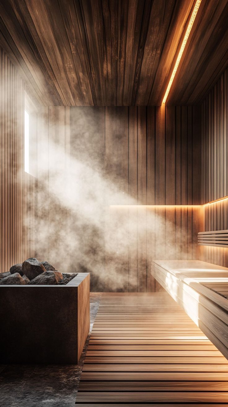 interior de sauna con vapor